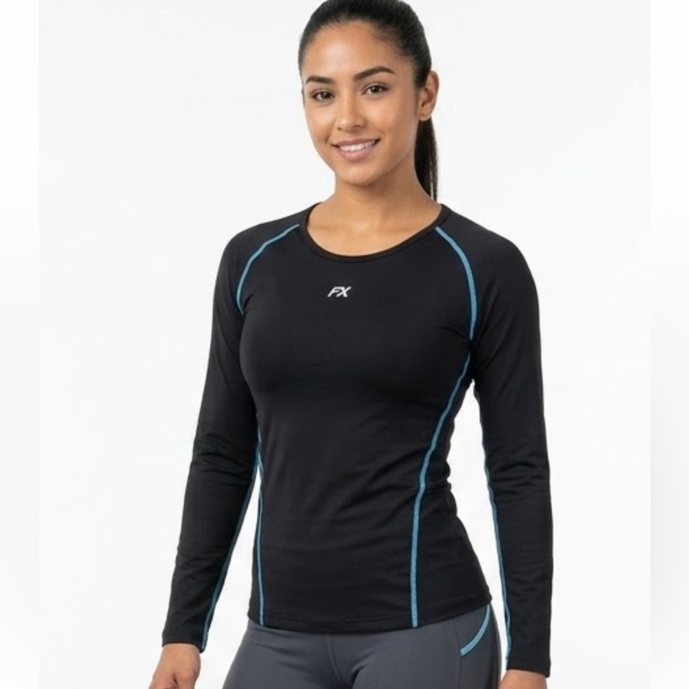 FX Women's Black Long-Sleeve Athletic Tee with Blue Piping